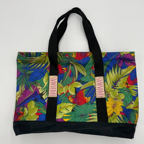 Vintage Bag Tropical‎ Parrot Bird Tote Bahamas Preloved Green Retro Palm Leaves - Picture 1 of 14